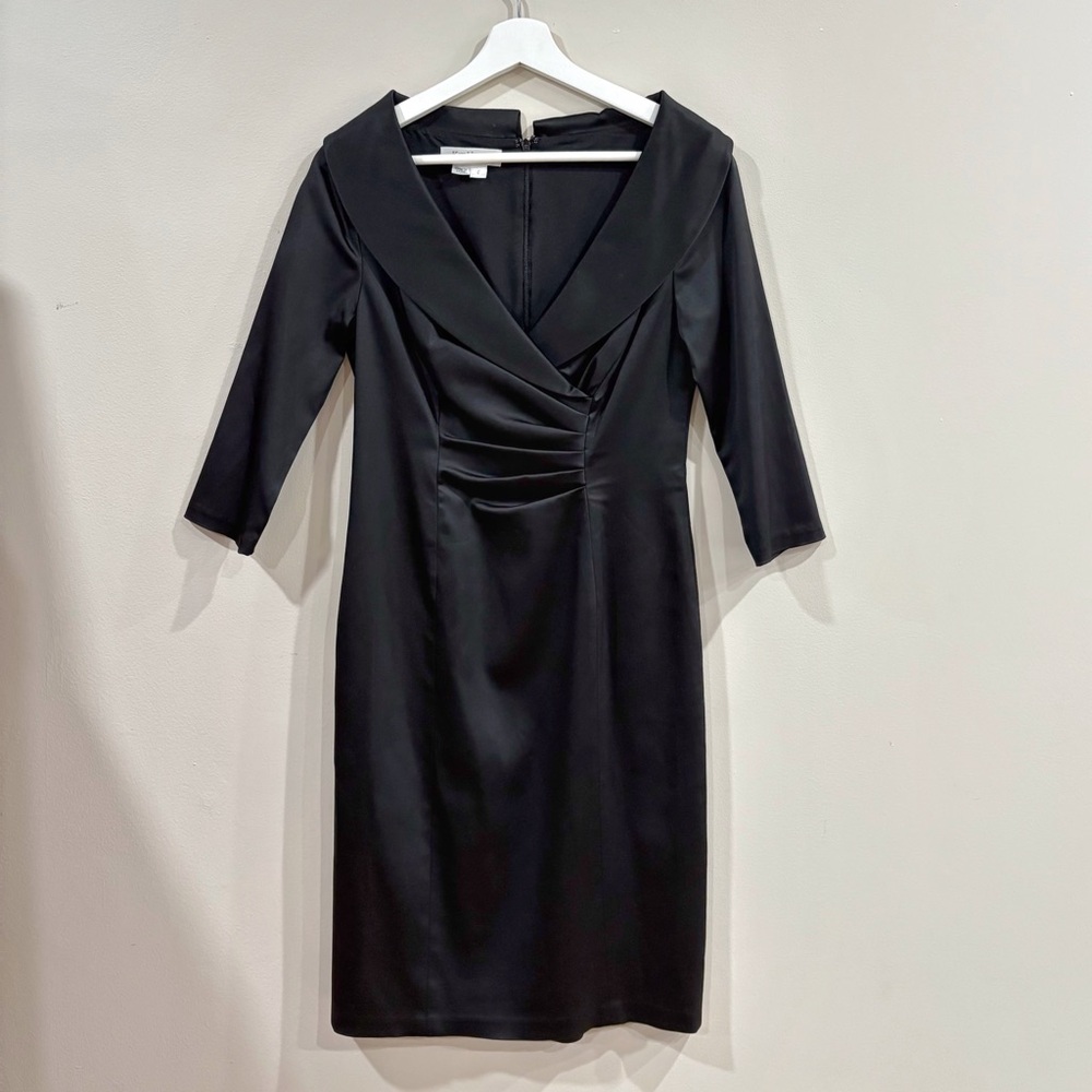 Kay Unger Portrait Women 4 Black Satin Sheath Dress V-Neck Evening Glam Chic - Picture 2 of 9